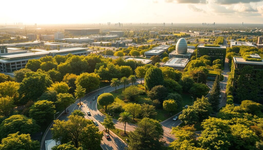 A lush, verdant cityscape showcasing the latest advancements in green infrastructure. In the foreground, a network of pedestrian-friendly walkways and bike lanes wind through a vibrant urban landscape, lined with towering trees and verdant green walls. In the middle ground, sleek eco-friendly buildings with solar panels and living roofs blend seamlessly with the natural environment. The background features a sprawling network of urban gardens, green roofs, and sustainable stormwater management systems, all bathed in warm, golden sunlight filtered through wispy clouds. The overall scene conveys a sense of harmony between the built and natural worlds, highlighting the benefits of integrated green infrastructure for a sustainable, livable future.