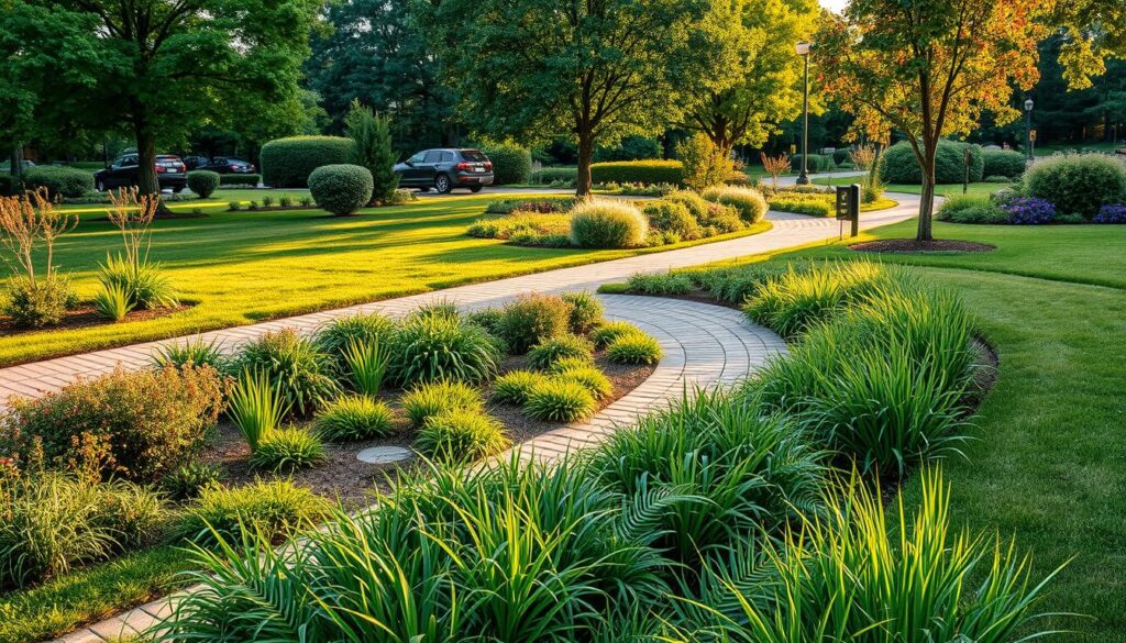 A lush, verdant landscape showcasing the integration of sustainable drainage systems. In the foreground, a series of beautifully landscaped rain gardens and bioswales capture and filter stormwater runoff, their gentle slopes and vibrant vegetation creating a harmonious visual flow. The middle ground features a permeable paving system, allowing water to percolate into the ground while providing a functional walking path. Strategically placed trees and shrubs in the background enhance the natural ambiance, their canopies filtering the warm, golden-hour sunlight that casts a serene glow over the entire scene. The overall composition conveys a sense of environmental stewardship and the harmonious coexistence of human infrastructure and natural ecosystems.