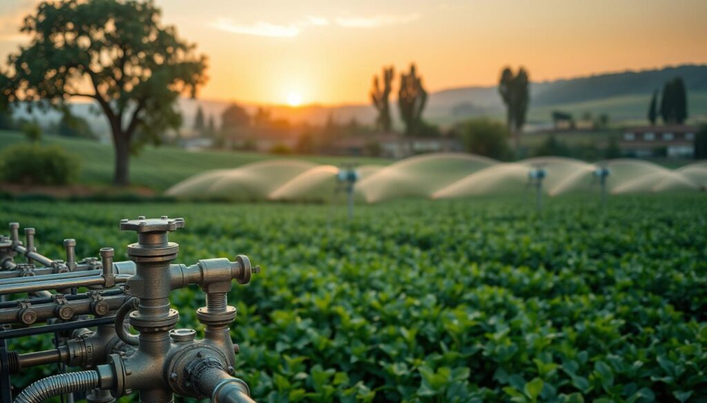 A lush, verdant landscape with a complex irrigation system taking center stage. In the foreground, a network of intricate piping and valves, meticulously designed to distribute water efficiently across the terrain. The middle ground features a series of neatly arranged sprinklers, their arcs of water cascading over carefully cultivated crops. In the background, rolling hills and towering trees provide a picturesque setting, bathed in the warm glow of a golden-hour sunset. The scene conveys a sense of harmonious integration between human engineering and the natural environment, showcasing the precision and thoughtfulness required for a successful irrigation project.