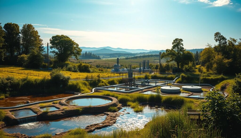 A lush, verdant landscape with a decentralized wastewater treatment facility nestled in the foreground. The facility features a series of interconnected natural ponds and wetlands, with water cascading gently through various stages of biological filtration and purification. The middle ground showcases a network of underground pipes and tanks, blending seamlessly with the surrounding vegetation. In the background, a picturesque rural setting with rolling hills, towering trees, and a clear blue sky, creating a harmonious, eco-friendly atmosphere. Warm, diffused sunlight filters through the scene, casting soft shadows and highlighting the natural processes at work. The overall impression conveys the benefits of decentralized water treatment - sustainability, efficiency, and integration with the natural environment.