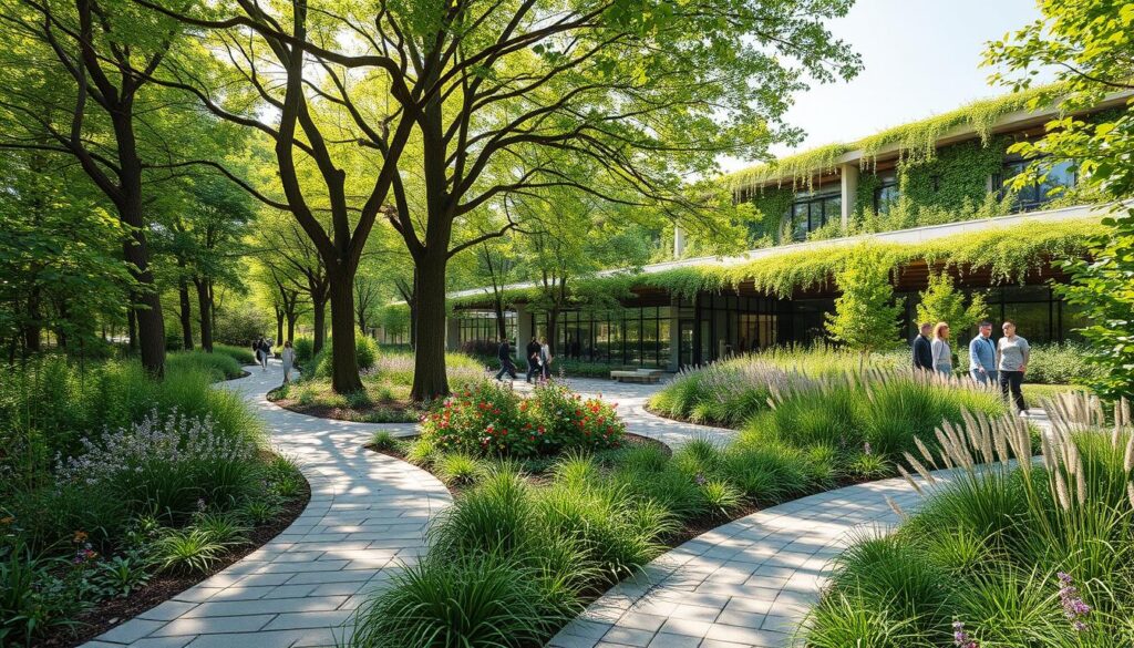 A lush, verdant landscape with a focus on integrated green infrastructure design. In the foreground, a bioswale filled with native plants and grasses channels stormwater runoff. A permeable paving pathway winds through the scene, leading the eye to a central rain garden brimming with colorful blooms. Tall, swaying trees in the middle ground provide shade and filter air, their branches casting gentle, dappled light. In the background, a living green roof adorns a modern, sustainable building, its vegetation merging seamlessly with the surrounding landscape. The overall scene conveys a harmonious fusion of nature and human-designed elements, promoting effective stormwater management through smart, eco-friendly design.