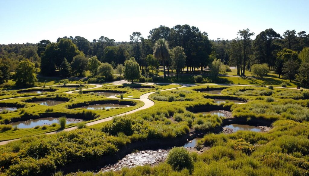 A lush, verdant landscape with a sprawling stormwater management system in the foreground. In the middle ground, a network of retention ponds, bioswales, and permeable pavement capture and filter runoff, while in the background, towering trees and a cloudless blue sky create a serene, natural atmosphere. Warm, diffused sunlight bathes the scene, highlighting the effectiveness of the integrated, eco-friendly design. The image conveys a sense of harmony between human infrastructure and the natural environment, showcasing how thoughtful stormwater management can enhance the beauty and sustainability of urban and suburban spaces.
