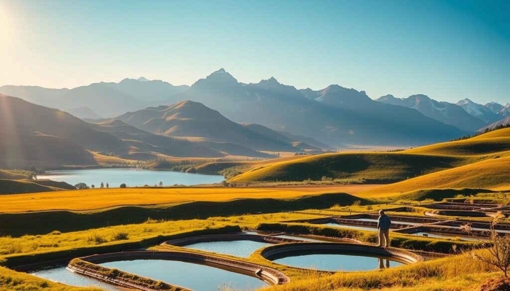 A lush, verdant landscape with a tranquil, azure lake nestled amidst rolling hills. In the foreground, a farmer carefully manages the flow of water into a series of recharge basins, directing the precious resource into the underlying aquifer. The scene is bathed in warm, golden sunlight, casting a soft glow over the entire tableau. In the background, towering mountains rise up, their peaks capped with snow, creating a picturesque and serene environment. The overall atmosphere conveys the harmony between human stewardship and the natural world, highlighting the economic benefits of sustainable aquifer recharge.