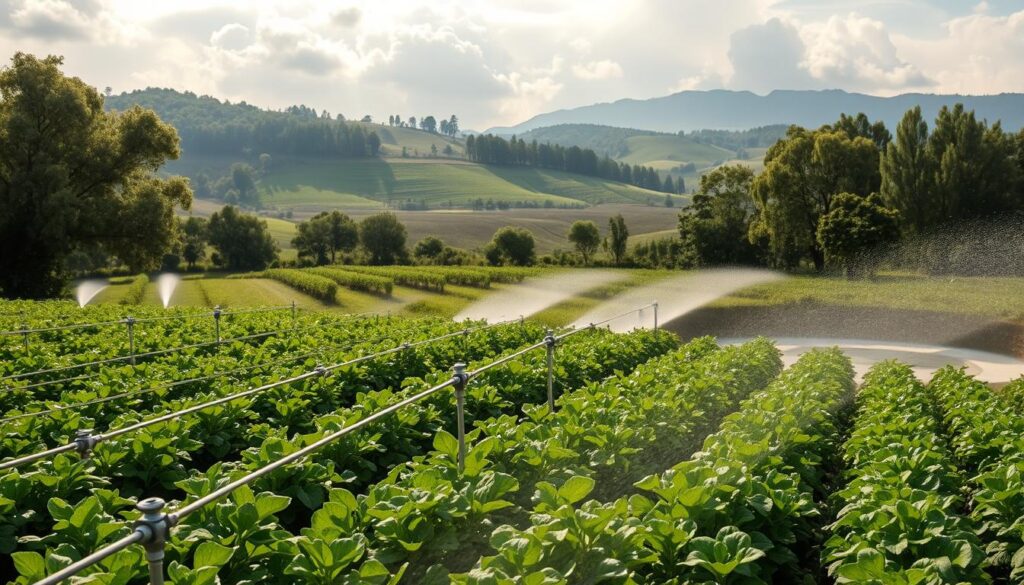 A lush, verdant landscape with a well-designed, eco-friendly irrigation system. In the foreground, a network of efficient drip lines and sprinklers gently watering crops, showcasing a sustainable approach to irrigation. The middle ground features a retention pond or reservoir, capturing and storing rainwater for later use. In the background, rolling hills and flourishing trees create a natural, harmonious setting. Soft, diffused sunlight filters through wispy clouds, illuminating the scene with a sense of tranquility and environmental stewardship. The overall composition conveys a balanced and responsible approach to irrigation practices, minimizing waste and nurturing the land.