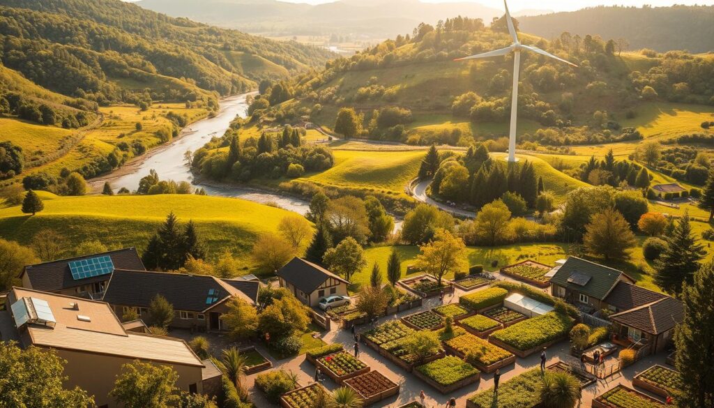 A lush, verdant landscape with rolling hills, a flowing river, and a diverse array of native flora and fauna. In the foreground, a well-designed residential neighborhood showcases sustainable architectural features, such as solar panels, green roofs, and permeable pavement. The middle ground features a thriving community garden, with people tending to their plots and enjoying the outdoor space. In the background, a towering wind turbine stands tall, harnessing the power of the gentle breeze. The scene is bathed in warm, golden sunlight, creating a serene and inviting atmosphere. This image represents a successful model of sustainable infrastructure, where nature, technology, and community coexist in harmony.
