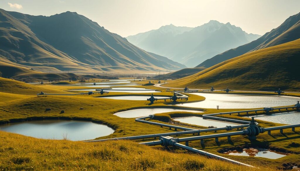 A lush, verdant landscape with rolling hills and a crystalline lake in the foreground. In the middle ground, a series of interconnected artificial ponds and channels, their surfaces shimmering under the warm, golden sunlight. Pipes and valves emerge from the ground, channeling water into and out of the recharge system. In the background, a towering mountain range, its peaks capped with snow, providing a majestic backdrop. The scene conveys a sense of harmony and balance, with the engineered recharge system seamlessly integrated into the natural environment. Crisp, high-resolution, detailed, photorealistic.
