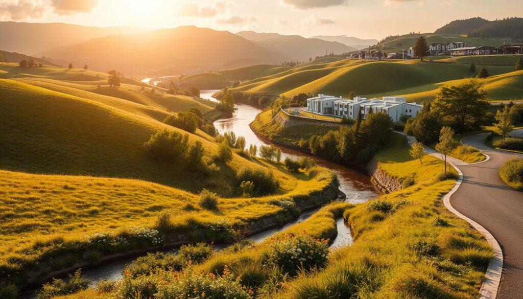 A lush, verdant landscape with rolling hills and a winding river. In the foreground, a series of strategically placed bioswales and permeable pavement capture and filter stormwater runoff, creating a natural and efficient system. Overhead, a warm afternoon sun casts a soft glow, illuminating the diverse array of native plants and trees that line the banks. In the distance, a modern, eco-friendly residential community blends seamlessly with the surrounding environment, showcasing sustainable design principles that prioritize the well-being of the local community.