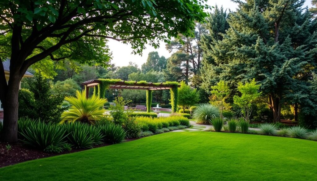 A lush, verdant landscape with strategically placed trees and shrubs that provide natural shade and windbreaks, creating an energy-efficient outdoor environment. The foreground features a well-manicured lawn, interspersed with drought-resistant native plants and a meandering path leading to a serene water feature. In the middle ground, a well-designed pergola or trellis system supports climbing vines, offering additional shading and passive cooling. The background showcases a blend of deciduous and evergreen trees, their placement and foliage density carefully considered to maximize sunlight exposure during winter and provide cooling shade in the summer. Warm, diffused lighting accents the scene, capturing the tranquil, energy-efficient ambiance.