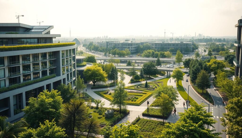 A lush, verdant urban landscape, featuring sustainable civil engineering practices. In the foreground, sleek, modern buildings with solar panels, green roofs, and energy-efficient designs. The middle ground showcases bioswales, permeable paving, and urban gardens, blending nature and infrastructure. In the background, a network of pedestrian-friendly pathways and bike lanes, with electric vehicle charging stations. Soft, diffused lighting illuminates the scene, creating a serene and harmonious atmosphere. The overall composition conveys a vision of a resilient, eco-friendly city, where civil engineering and urban development work in harmony to create a sustainable future.