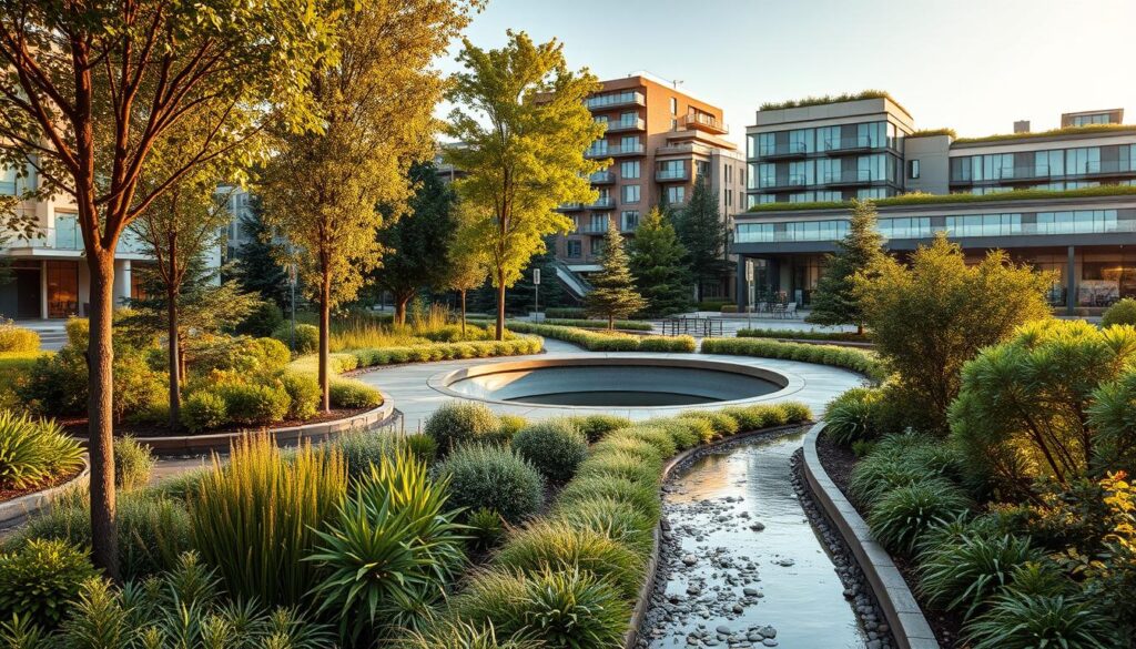 A lush, verdant urban landscape with a well-designed sustainable drainage system. In the foreground, a series of bioswales and permeable paving capture and filter stormwater runoff. Tall native trees and shrubs line the edges, creating a natural aesthetic. In the middle ground, a central detention basin collects excess water, its edges softened by gently sloping landscaping. The background features modern, energy-efficient buildings with green roofs and rain gardens, all bathed in warm, golden-hour lighting. The scene conveys a harmonious integration of natural and built environments, showcasing the beauty and functionality of sustainable urban drainage solutions.