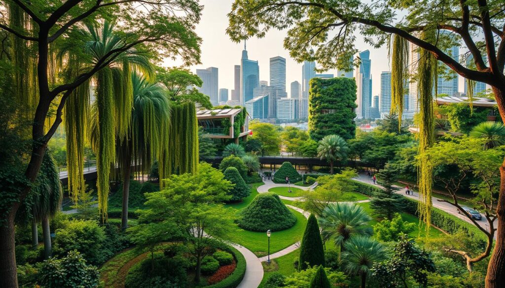A lush, verdant urban landscape with towering trees, cascading foliage, and vibrant green spaces. In the foreground, a serene park filled with diverse flora and winding pathways, inviting pedestrians to stroll and immerse themselves in nature. The middle ground showcases modern, eco-friendly buildings with vertical gardens, solar panels, and water-efficient features, seamlessly blending architecture and greenery. In the background, a skyline of skyscrapers, their facades adorned with greenery, creating a harmonious symbiosis between the built environment and the natural world. Warm, diffused lighting filters through the canopy, casting a peaceful, rejuvenating ambiance. Captured with a wide-angle lens to emphasize the scale and integration of these green urban elements.