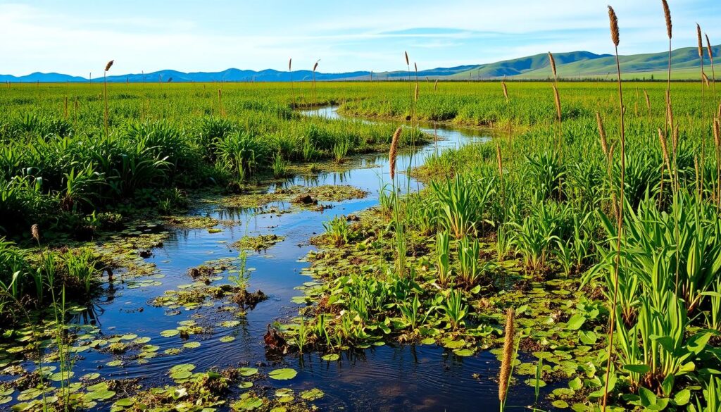 A lush, verdant wetland landscape with a serene surface flow. In the foreground, a meandering stream weaves through a tapestry of vibrant aquatic vegetation, its tranquil waters reflecting the azure sky above. The middle ground is dominated by a diverse array of emergent plants, their stems and leaves gently swaying in the gentle breeze. In the background, the horizon is dotted with distant hills, their slopes cloaked in a rich, verdant hue. The scene is illuminated by soft, diffused lighting, creating a calming and naturalistic atmosphere. Captured with a wide-angle lens to convey a sense of depth and expansiveness, this image perfectly encapsulates the essence of a constructed surface flow wetland.