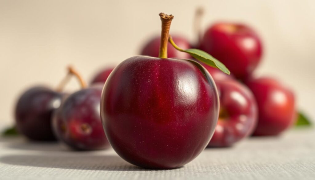 A lush, vibrant plum set against a soft, blurred background. In the foreground, the plum is depicted in precise, realistic detail, its deep purple skin glistening under warm, directional lighting that casts subtle shadows. The plum's stem and leaves are rendered with equal care, complementing the fruit's rounded form. The middle ground features a hazy, out-of-focus arrangement of additional plums, suggesting a bountiful harvest. The background is a tranquil, ethereal blend of muted tones, creating a sense of depth and drawing the viewer's eye to the central subject. The overall mood is one of elegance, quality, and an appreciation for the natural beauty of this seasonal delicacy.