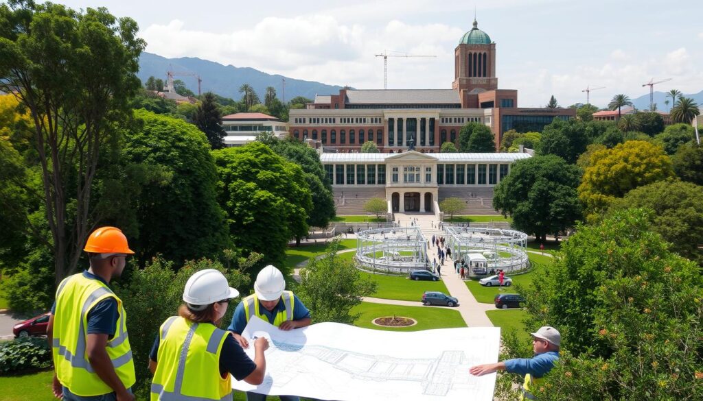 A majestic campus nestled amidst lush greenery, the University of the Witwatersrand stands tall, its modern architecture a testament to engineering excellence. In the foreground, students in hard hats and safety vests huddle around a detailed blueprint, discussing the intricate design of a cutting-edge civil engineering project. In the middle ground, a state-of-the-art laboratory bustles with activity, researchers and professors collaborating on innovative solutions. In the background, the iconic silhouette of the campus' iconic landmark, the Great Hall, casts a stately presence, embodying the rich tradition and academic rigor that define this leading African institution.