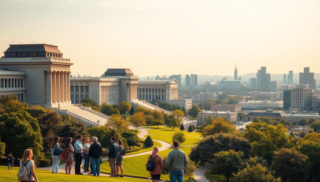 A majestic campus skyline with towering neoclassical buildings, their grand facades shimmering in the warm afternoon sun. In the foreground, a group of diverse international students converse animatedly, their body language conveying a sense of collaboration and shared purpose. The middle ground features lush, well-maintained greenery and winding pathways, inviting visitors to explore the campus. In the background, a city skyline with modern high-rises and bustling streets, hinting at the vibrant urban environment surrounding the prestigious institution. The overall scene exudes an atmosphere of academic excellence, global connectivity, and the promise of a transformative educational experience for international engineering students.