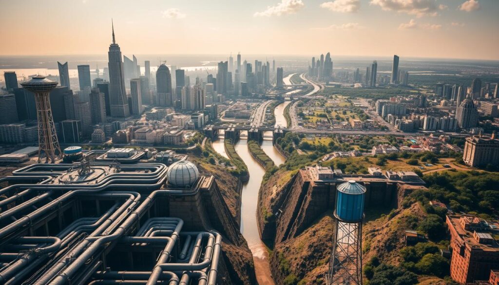 A majestic cityscape unfolds, where towering skyscrapers and bustling streets seamlessly integrate with a complex network of water management systems. In the foreground, a series of intricate underground pipes and aqueducts converge, channeling water with precision and efficiency. Towering water towers and reservoirs stand as sentinels, their sleek silhouettes casting long shadows across the urban landscape. In the middle ground, a network of sluices and canals weaves through the city, their crystal-clear waters reflecting the warm glow of the sun. In the distance, a panoramic view reveals the expansive scope of the urban water infrastructure, with verdant green spaces and residential areas interspersed throughout. The scene is illuminated by a soft, diffused lighting that accentuates the technical elegance and historical significance of these vital water management systems.