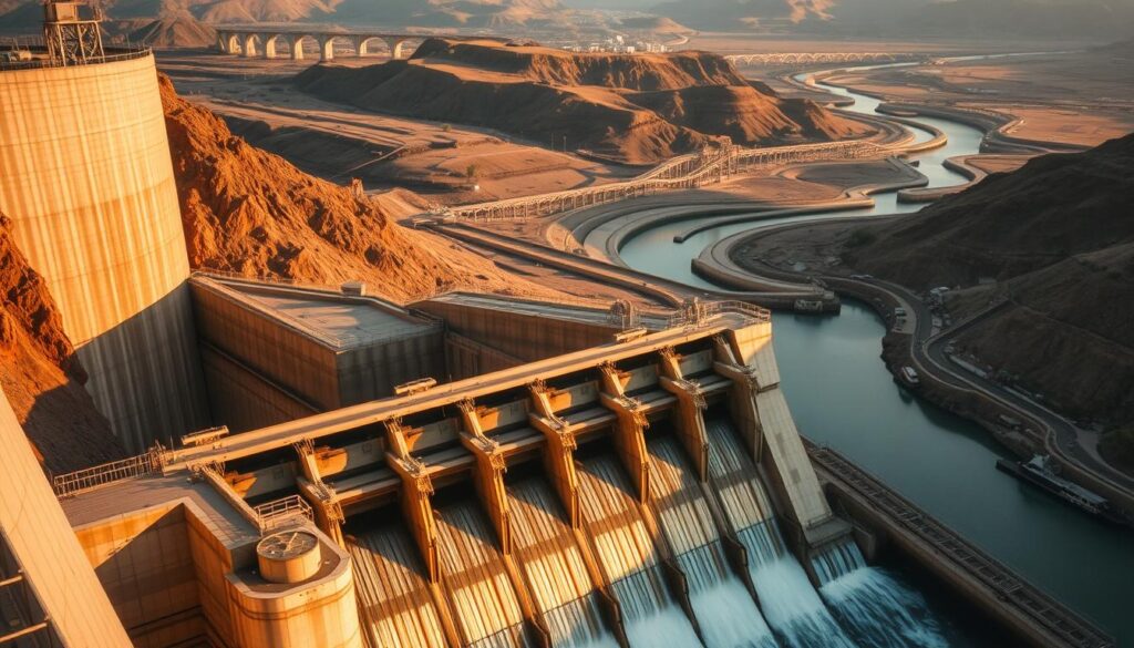 A majestic landscape showcasing an array of hydraulic structures. In the foreground, a towering dam stands tall, its concrete walls reflecting the warm rays of the sun. In the middle ground, a series of sluice gates regulate the flow of water, their metal mechanisms glistening under the daylight. Beyond, a network of aqueducts and canals snake through the terrain, transporting water to distant communities. The scene is bathed in a soft, golden hue, creating a sense of tranquility and wonder. The overall composition captures the essential elements of hydraulic engineering, from the monumental scale of the dam to the intricate details of the water control systems, all in perfect harmony with the natural environment.