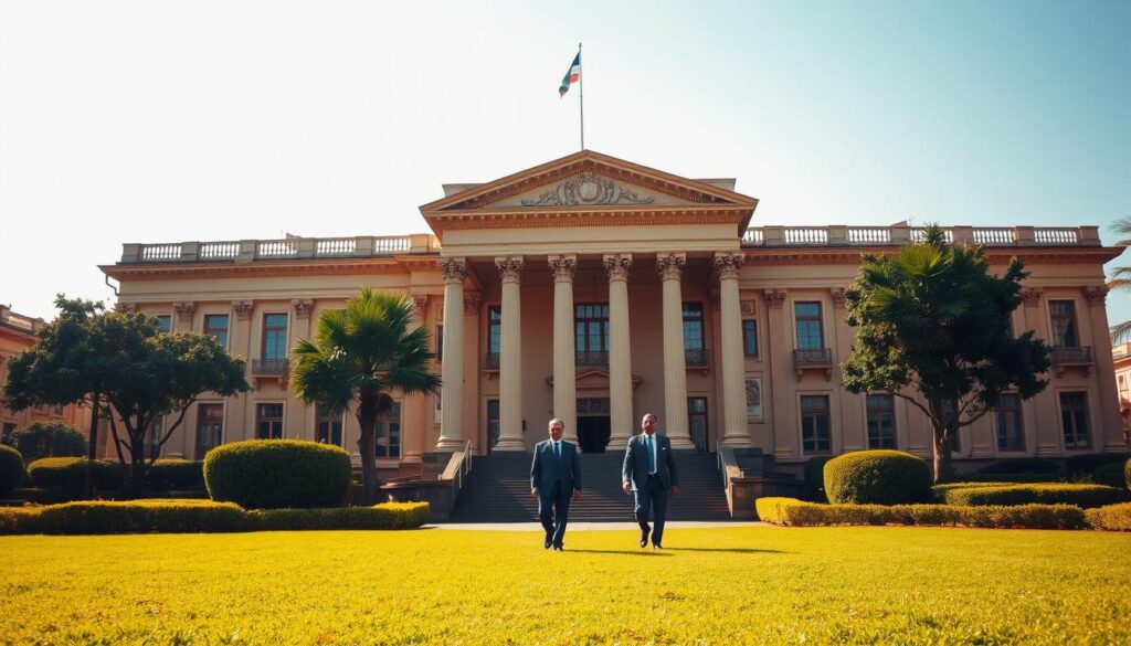 A majestic, official building with a grand, neoclassical facade, adorned with columns and ornate details. The building stands tall, commanding attention, representing the prestige and authority of the Engineers Board of Kenya. The structure is bathed in warm, golden light, conveying a sense of professionalism and credibility. In the foreground, a well-maintained, lush, green lawn frames the building, creating a serene and harmonious atmosphere. The middle ground features a few well-dressed individuals, perhaps engineers or board members, walking purposefully towards the entrance, symbolizing the active role and engagement of the organization. The background is hazy, with a clear blue sky, allowing the focus to remain on the central, impressive structure.