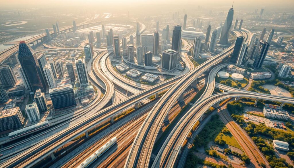 A majestic overhead view of a thriving global metropolis, with towering skyscrapers, bustling highways, and expansive bridges seamlessly connecting diverse regions. In the foreground, modern high-speed rail systems glide across gleaming tracks, while in the middle ground, solar-powered smart grids and wind turbines dot the landscape, harnessing renewable energy sources. The background showcases a vast network of sustainable water management systems, wastewater treatment facilities, and green urban spaces, all working in harmony to create a vision of sustainable civil engineering excellence. The scene is bathed in warm, golden natural lighting, captured through a wide-angle lens to convey a sense of grandeur and scale.