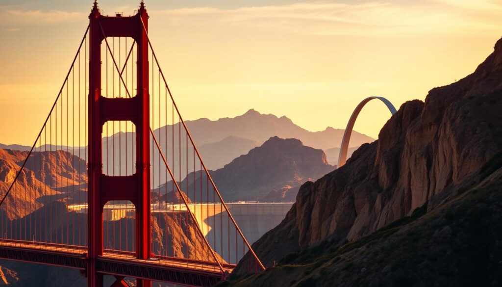 A majestic panorama of iconic American civil engineering marvels, captured under a crisp, golden hour sky. In the foreground, the towering Golden Gate Bridge stands tall, its graceful cables and bold red hue commanding attention. Beyond, the sleek, soaring silhouette of the Hoover Dam rises against a backdrop of rugged mountains. In the distance, the dramatic, sweeping arch of the St. Louis Gateway Arch pierces the horizon, a testament to human ingenuity. The scene is bathed in warm, diffused lighting, highlighting the grandeur and technical prowess of these celebrated structures that have come to symbolize the engineering excellence of the United States.