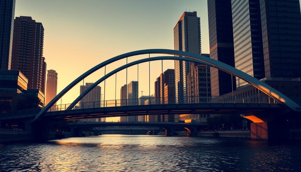 A majestic pedestrian bridge arching gracefully over a tranquil river, its sleek steel frame and graceful curves silhouetted against a backdrop of towering skyscrapers. The bridge's design is a masterful blend of form and function, with a wide walkway and strategically placed lighting that creates a welcoming, safe, and visually stunning passage for pedestrians. The scene is bathed in warm, golden light, casting a soft glow on the bridge's surface and the surrounding cityscape, evoking a sense of urban elegance and timeless beauty. The perspective is slightly elevated, allowing the viewer to take in the bridge's full grandeur and appreciate its seamless integration with the urban landscape.