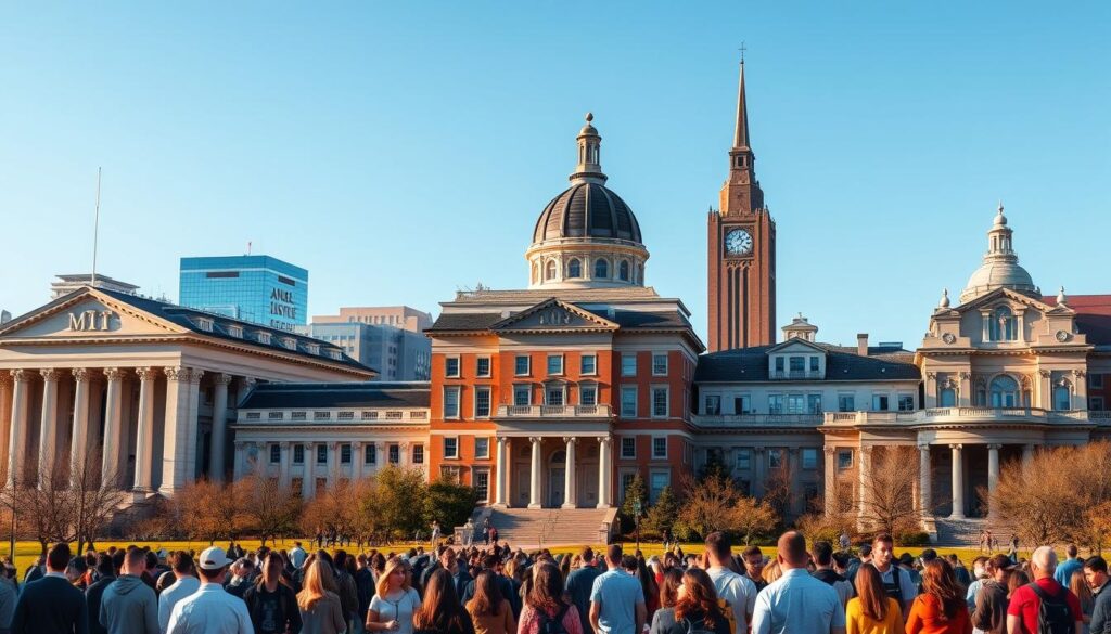 A majestic skyline of iconic American university buildings, set against a clear blue sky. In the foreground, the imposing facades of prestigious institutions like MIT, Stanford, and UC Berkeley stand tall, their neoclassical architecture radiating an air of academic prestige. In the middle ground, students from diverse backgrounds converge, representing the vibrant international community drawn to these top civil engineering programs. The scene is illuminated by warm, golden sunlight, conveying a sense of opportunity and success. The overall composition evokes a sense of aspiration, knowledge, and global collaboration, embodying the essence of the top US universities for international students in civil engineering.