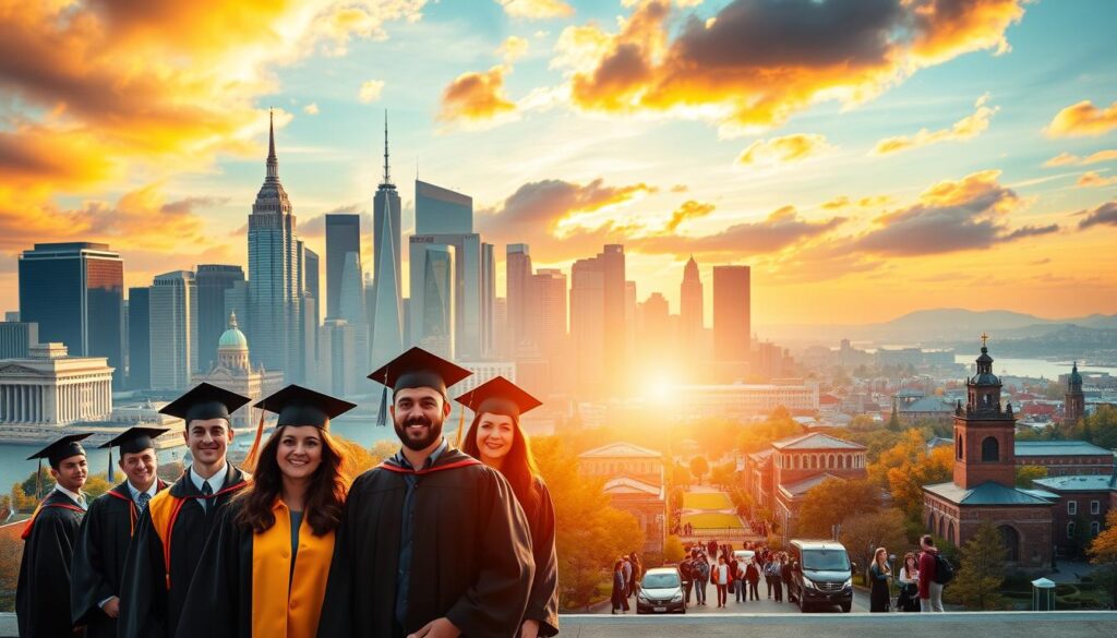 A majestic skyline of renowned civil engineering schools worldwide, their iconic buildings and architectural marvels standing tall against a vibrant, golden-hued sky. In the foreground, a group of successful alumni proudly donning their graduation robes, their faces illuminated by a warm, natural lighting that evokes a sense of pride and accomplishment. In the middle ground, a bustling campus scene, with students engaged in lively discussions and collaborative projects, reflecting the dynamic and innovative spirit of these prestigious institutions. The background is dominated by a panoramic view of the world, emphasizing the global reach and impact of these top-tier civil engineering programs.