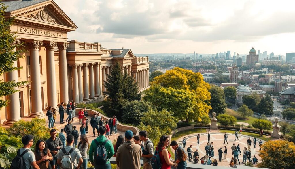 A majestic university campus nestled among lush greenery, with stately neoclassical buildings adorned with columns and intricate architectural details. In the foreground, a group of international students admiring the grand entrance, their diverse nationalities reflected in their attire. The middle ground showcases a bustling courtyard, where students engage in lively discussions and collaborations. In the background, a panoramic view of the skyline, highlighting the urban setting and the prestige of these renowned engineering institutions. The scene is illuminated by warm, golden lighting, creating a welcoming and aspirational atmosphere.