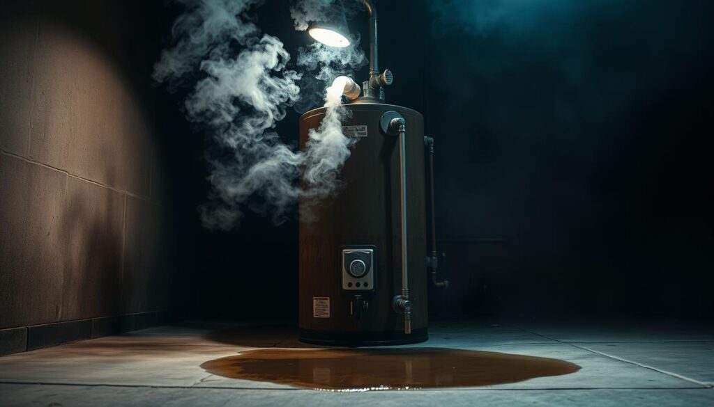 A malfunctioning water heater sits in a dimly lit utility room, steam billowing from its rusty exterior. The scene is illuminated by a single overhead light, casting dramatic shadows that accentuate the worn and weathered components. In the foreground, a puddle of water has collected on the concrete floor, suggesting a potential leak or overflow issue. The background is hazy, obscuring the details of the surrounding environment, focusing the viewer's attention on the problematic appliance. The overall atmosphere conveys a sense of concern and the need for immediate attention to resolve the water heater's issues.