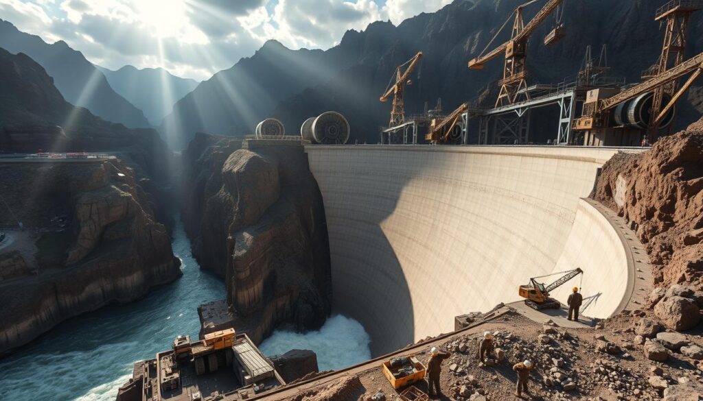 A massive concrete hydroelectric dam under construction, with cranes and heavy machinery dotting the rugged landscape. The roar of turbines and the rush of water echoes through the scene, as workers in hard hats toil away, shaping the mighty structure that will harness the power of nature. Sunlight streams through the clouds, casting dramatic shadows across the steep canyon walls. The atmosphere is one of industrial might and engineering prowess, a testament to humanity's ability to tame the forces of nature for the benefit of society.