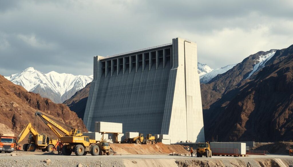 A massive hydroelectric dam under active construction, towering over a rugged, mountainous landscape. In the foreground, teams of workers operate heavy machinery, carefully fitting giant concrete blocks and steel girders into place. The middle ground features the dam's partially completed structure, its sheer scale and angular lines casting dramatic shadows across the scene. In the distant background, snow-capped peaks rise into a moody, overcast sky, hinting at the power of the natural forces this monumental engineering project seeks to harness. Crisp, high-contrast lighting illuminates the dynamic workflow, conveying a sense of technical precision and determined progress.