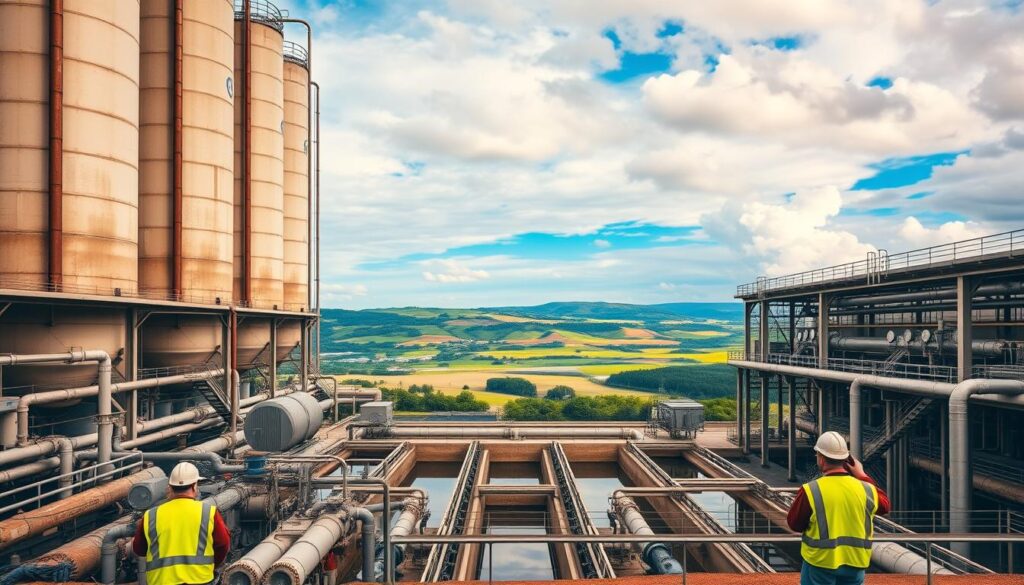 A massive industrial facility, its towering silos and pipes stretching into the sky. In the foreground, workers in reflective vests oversee the intricate systems, monitoring gauges and valves. The middle ground reveals the heart of the operation - aeration tanks, clarifiers, and sedimentation basins, all working in harmony to purify the wastewater. In the background, a serene landscape frames the scene, with rolling hills and a vibrant blue sky, hinting at the environmental impact of this essential infrastructure. Warm, diffused lighting illuminates the scene, creating a sense of purpose and industrious activity. The overall atmosphere conveys the critical role of wastewater treatment in maintaining a healthy, sustainable environment.