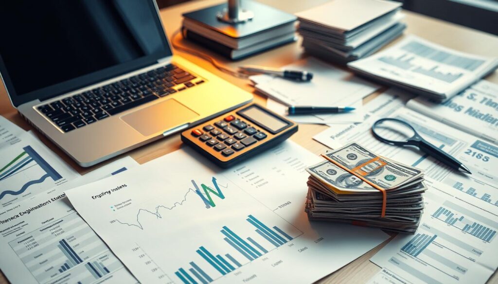 A meticulously arranged desktop, with a laptop, calculator, and various financial documents neatly organized. A graph chart and a stack of money sit prominently, conveying the importance of budgeting. Warm, focused lighting illuminates the scene, creating a professional and analytical atmosphere. The composition emphasizes the critical role of financial planning in successful engineering projects, inviting the viewer to consider the strategic allocation of resources.