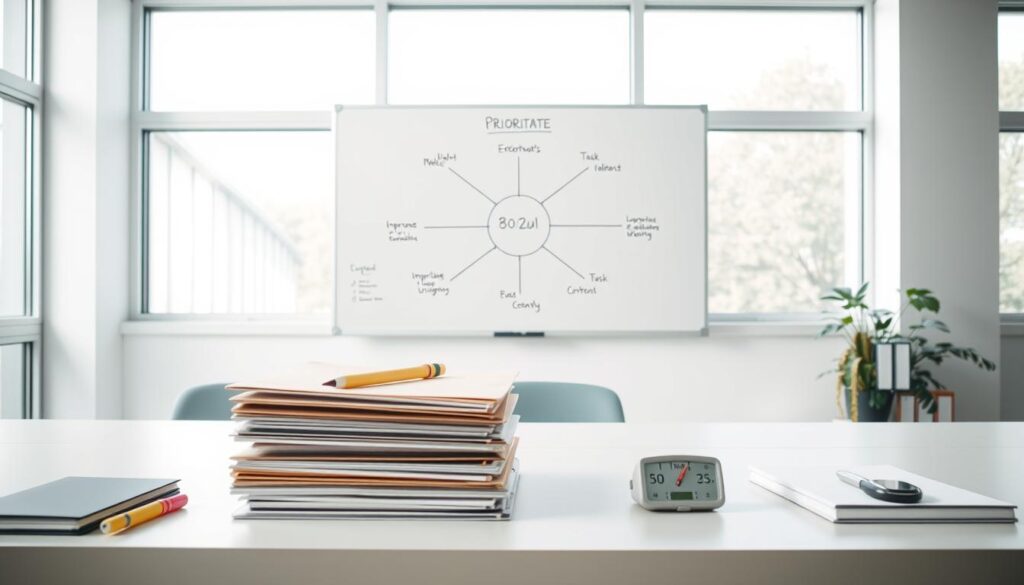 A meticulously arranged office scene, with a clean, minimalist aesthetic. In the foreground, a neatly organized desk featuring various productivity tools - a stack of folders, a set of highlighters, and a small digital timer. In the middle ground, a whiteboard displaying a mind map, illustrating different prioritization techniques such as the Eisenhower Matrix, the 80/20 rule, and task importance/urgency quadrants. The background features large windows, allowing natural light to flood the space, creating a calm and focused atmosphere. The overall composition emphasizes the importance of systematic organization and strategic planning in effective project management.