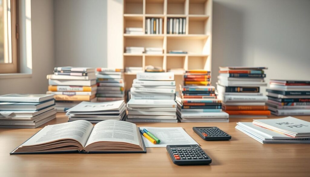 A meticulously arranged study space filled with an assortment of FE exam preparation materials. In the foreground, an open textbook, highlighters, and a calculator rest on a clean wooden desk, illuminated by soft, natural lighting streaming through a window. In the middle ground, stacks of reference manuals, practice problem sets, and review guides are neatly organized, conveying a sense of diligent preparation. The background features a minimalist bookshelf, its shelves lined with additional study resources, creating an atmosphere of focused academic pursuit. The overall scene exudes a calm, productive energy, reflecting the dedicated efforts of a civil engineer preparing for the FE exam.