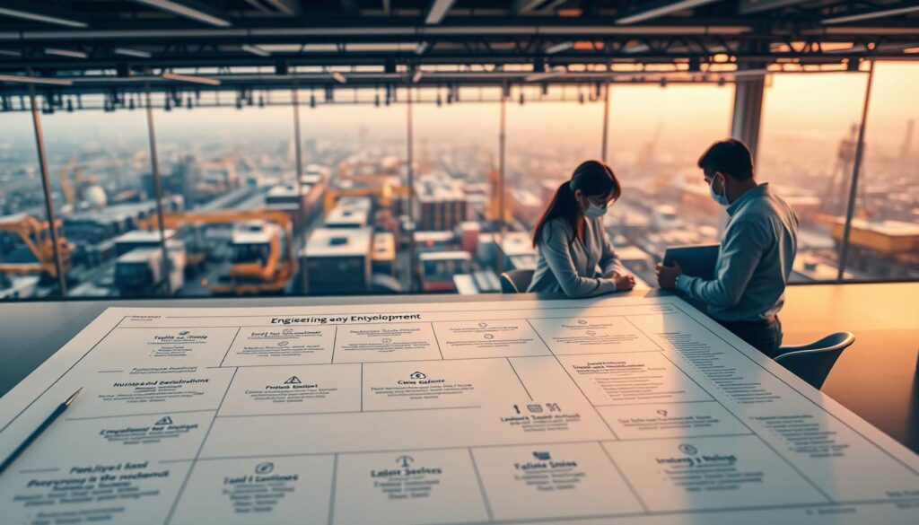 A meticulously crafted blueprint for engineering capacity development, rendered in a warm, professional tone. In the foreground, a detailed schematic outlines key milestones, skill assessments, and training programs tailored to individual growth. The middle ground features a team of engineers collaborating at a sleek, minimalist workstation, their faces obscured to preserve focus on the plan. In the background, a panoramic view of a bustling industrial landscape, conveying the wider context and application of this capacity development initiative. Soft, directional lighting illuminates the scene, creating depth and highlighting the technical precision of the design. Captured through a wide-angle lens to encompass the holistic nature of this capacity-building strategy.