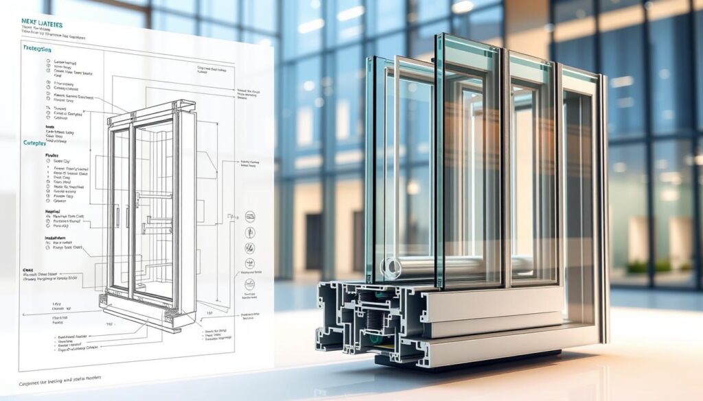 A meticulously crafted glazing design process, showcased in a well-lit, technical illustration. In the foreground, a detailed schematic diagram of a curtain wall system, annotated with measurements, material specifications, and installation notes. In the middle ground, a 3D model of the glazing assembly, rotated to reveal its intricate components - the framing, gaskets, sealants, and glass panels. The background depicts a CAD rendering of the building facade, highlighting the seamless integration of the glazing system within the architectural design. The overall scene conveys a sense of precision, innovation, and the thoughtful engineering that goes into crafting high-performance glazing solutions.