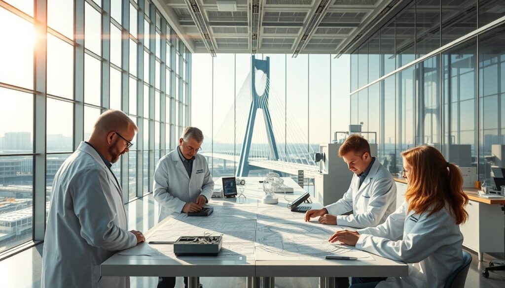 A meticulously crafted research laboratory, its sleek glass walls offering a glimpse into the world of civil engineering innovation. Researchers in crisp white coats pore over detailed blueprints, discussing the latest advancements in structural design and materials science. Sunlight streams in through large windows, casting a warm glow over the scene and highlighting the state-of-the-art equipment arrayed on the tables. In the background, a towering 3D model of a cutting-edge bridge project stands as a testament to the transformative power of civil engineering research.