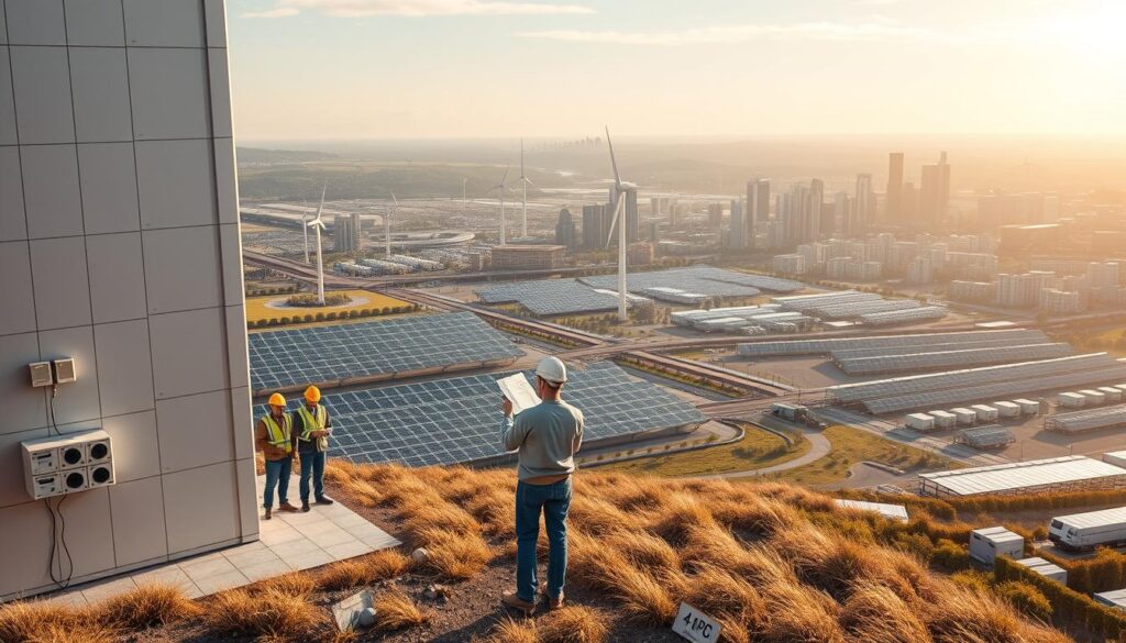 A meticulously crafted scene showcasing the measurement of low-carbon infrastructure. In the foreground, a team of engineers inspect a sleek, modern building, clipboard in hand, taking precise readings from a suite of advanced sensors. The middle ground features a vast expanse of renewable energy sources - wind turbines, solar panels, and energy storage units - all seamlessly integrated into the landscape. In the background, a sprawling cityscape of sustainable skyscrapers and transportation hubs, bathed in the warm glow of an afternoon sun. The atmosphere conveys a sense of progress, innovation, and a commitment to a greener future.