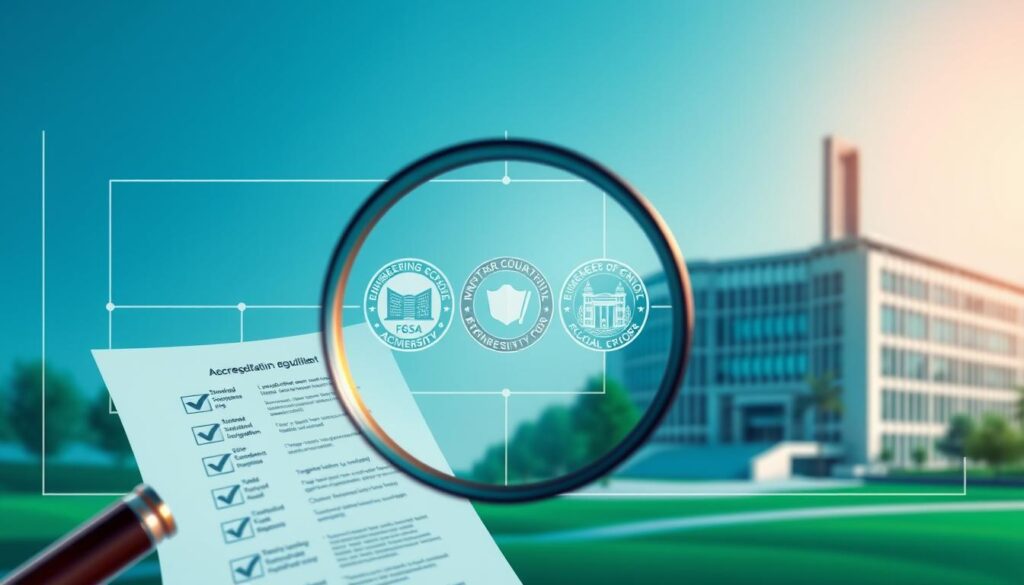 A meticulously crafted schematic diagram depicting the intricate process of engineering school accreditation. In the foreground, a magnifying glass scrutinizes a detailed checklist, symbolizing the rigorous review of standards and regulations. The middle ground showcases a trio of government seals, each representing local, state, and federal compliance requirements. In the background, a sleek, modern university campus stands tall, its architecture mirroring the precision and attention to detail inherent in the accreditation process. Vibrant blue and green hues convey a sense of trust and professionalism, while subtle lighting casts a warm, authoritative glow over the entire scene.