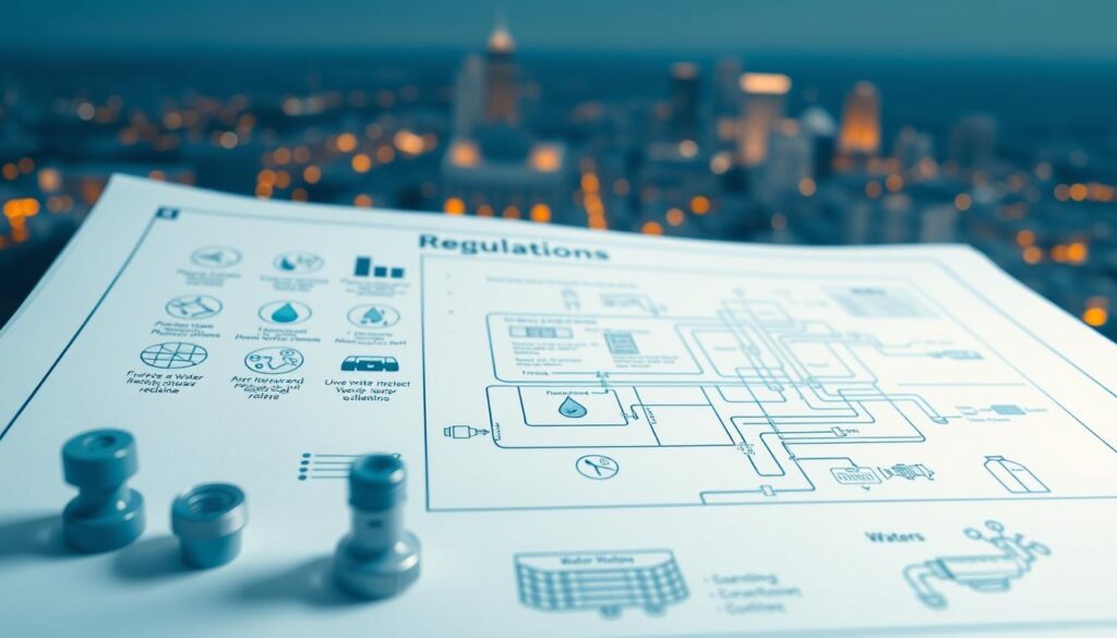 A meticulously designed blueprint of water regulations, with a clean, minimalist aesthetic. In the foreground, a series of icons representing key policies and guidelines, rendered in a sleek, technical style. The middle ground features an intricate schematic diagram outlining the water purification and distribution process, replete with pipes, valves, and other crucial infrastructure components. The background showcases a cityscape, hinting at the real-world application of these regulations, illuminated by a soft, warm lighting that conveys a sense of professionalism and authority. The overall composition strikes a balance between the conceptual and the practical, highlighting the importance of regulatory frameworks in ensuring the delivery of safe, potable water.