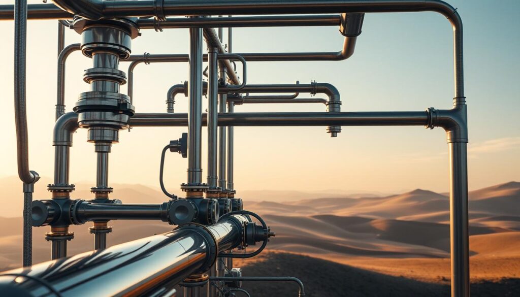 A meticulously designed hydraulic structure stands tall, its intricate network of pipes, valves, and channels showcasing the cutting-edge advancements in hydrological engineering. Sleek metallic surfaces glimmer under the warm, diffused lighting, creating a sense of futuristic elegance. In the background, a serene, minimalist landscape with rolling hills and a distant horizon evokes a tranquil, contemplative atmosphere, hinting at the harmonious integration of these structures within the natural environment. The image conveys a vision of the next generation of hydrological engineering, where form and function seamlessly converge to harness the power of water in innovative and sustainable ways.