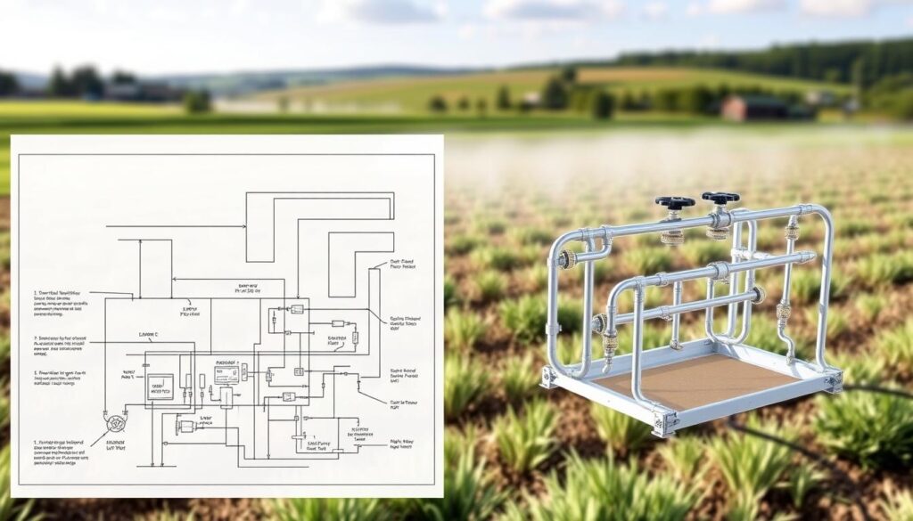 A meticulously designed irrigation system, with a detailed schematic layout showcasing the intricate network of pipes, sprinklers, and control valves. The foreground features a technical diagram highlighting the optimal placement and configuration of each component, with clear indications of water flow and pressure levels. The middle ground presents a three-dimensional rendering of the system, allowing for a comprehensive understanding of the overall layout and interconnections. In the background, a serene landscape sets the stage, emphasizing the importance of efficient water management in various environments. Crisp, high-resolution imagery captures the engineering principles and practical implementation of this essential infrastructure, perfect for illustrating the "Designing an Irrigation System" section of the article.