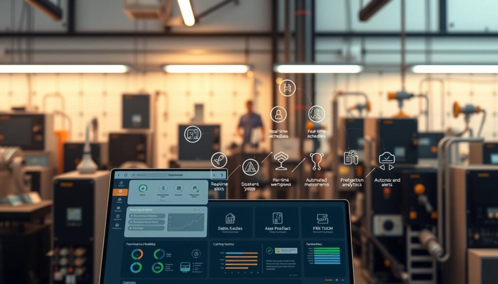 A meticulously designed maintenance management system with a sleek user interface, showcasing various benefits. In the foreground, a dashboard displays real-time insights, maintenance schedules, and asset performance metrics. The middle ground features an array of icons representing streamlined workflows, automated alerts, and predictive analytics. In the background, a network of interconnected systems and devices symbolizes the integrated nature of the system. Soft, warm lighting sets an atmosphere of efficiency and control, while a minimalist color palette conveys a sense of professionalism and precision. The scene exudes a harmonious balance between technology and functionality, highlighting the advantages of a comprehensive maintenance management solution.
