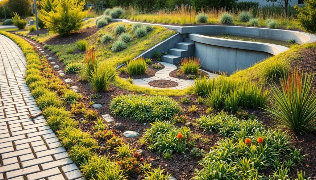 A meticulously designed sustainable drainage system with a lush, verdant landscape. In the foreground, a permeable paved surface seamlessly blends with a bioswale teeming with native flora, gently channeling stormwater runoff. The middle ground features a series of strategically placed rain gardens, their shallow depressions filled with vibrant, water-tolerant plants that aid in infiltration. In the background, a visually appealing detention basin, its gently sloping sides covered in a diverse mix of grasses and shrubs, creates a natural-looking water storage area. Warm, diffused lighting casts a serene ambiance, while the composition is captured from a slightly elevated angle, showcasing the integrated, holistic design of this sustainable drainage solution.