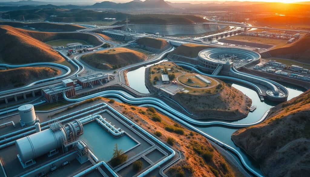 A meticulously designed water infrastructure system, showcasing intricate pipelines, water treatment facilities, and distribution networks. The foreground depicts a central pumping station, its sleek modern architecture blending seamlessly with the surrounding landscape. In the middle ground, a series of interconnected reservoirs and aqueducts wind through rolling hills, conveying clean water to nearby communities. The background features a panoramic view of the broader water management system, with dams, hydroelectric power plants, and vast underground aquifers visible in the distance, all bathed in the soft, warm glow of the setting sun. The scene exudes a sense of technological prowess, environmental harmony, and the essential role of water infrastructure in sustaining modern life.