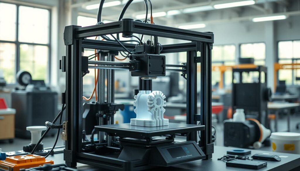 A meticulously detailed 3D printing process in a modern engineering workshop. The foreground shows a fully assembled 3D printer extruding molten filament, layer by layer, creating a complex mechanical part. The middle ground features various tools, materials, and equipment used in the 3D printing workflow. The background showcases the workshop's clean, bright, and spacious layout, with large windows allowing natural light to flood the scene. The overall mood is one of precision, innovation, and technological progress. Cinematic lighting accentuates the intricate details of the 3D printing process, capturing the essence of how this revolutionary technology works.
