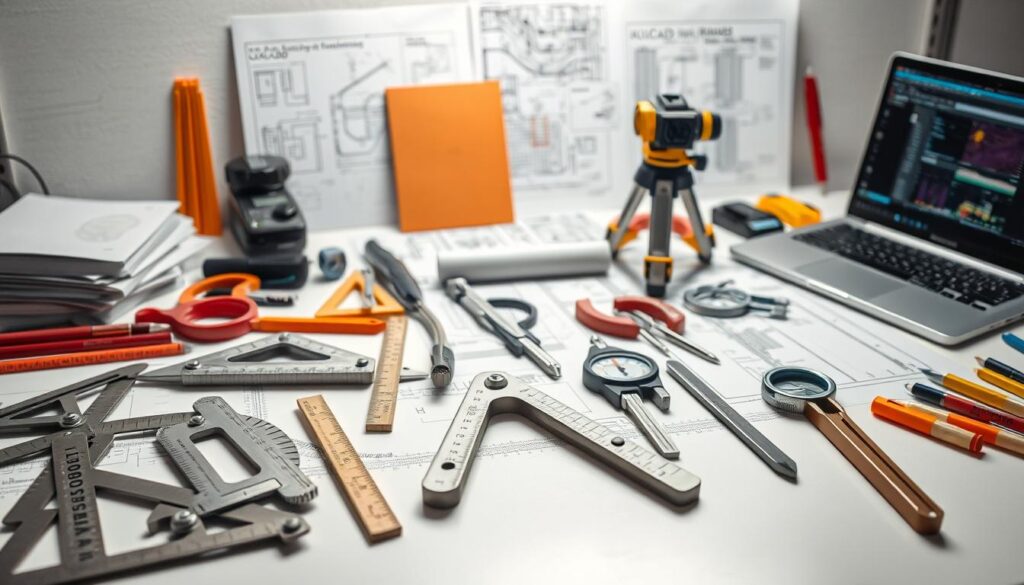 A meticulously detailed and realistic scene of a variety of AutoCAD civil engineering tools, arranged neatly on a clean, well-lit workbench. In the foreground, various drafting tools like protractors, scales, and triangles are precisely positioned. In the middle ground, precision measurement devices such as calipers, micrometers, and surveying equipment are displayed. In the background, technical manuals, technical drawing sheets, and a laptop computer with CAD software provide context. The lighting is soft and diffused, creating a professional, technical atmosphere. The entire composition conveys the meticulous attention to detail and the specialized tools required for civil engineering using AutoCAD.