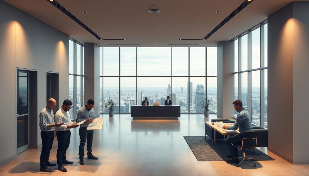 A meticulously detailed architectural rendering showcasing a modern civil engineering consultancy office. In the foreground, a team of engineers pore over technical documents and 3D models, their expressions focused and professional. The middle ground features a sleek, minimalist reception area with clean lines and muted tones. In the background, floor-to-ceiling windows provide a panoramic view of a bustling cityscape, emphasizing the consultancy's urban setting and commitment to urban infrastructure. Warm, indirect lighting casts a subtle glow, creating a sense of authority and expertise. The overall atmosphere conveys the firm's dedication to regulatory compliance and high-quality consultancy services.