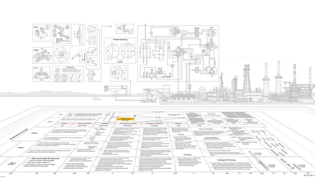 A meticulously detailed engineering risk assessment diagram, rendered in a technical blueprint style with precise lines and geometric shapes. In the foreground, a complex matrix of risk factors and mitigation strategies, color-coded and precisely annotated. In the middle ground, a series of engineering schematics and technical diagrams, conveying the intricate systems and processes under evaluation. The background features a minimalist landscape of industrial facilities, conveying the context and scale of the assessment. Crisp, evenly-lit rendering with a muted color palette, emphasizing the analytical, data-driven nature of the subject matter.